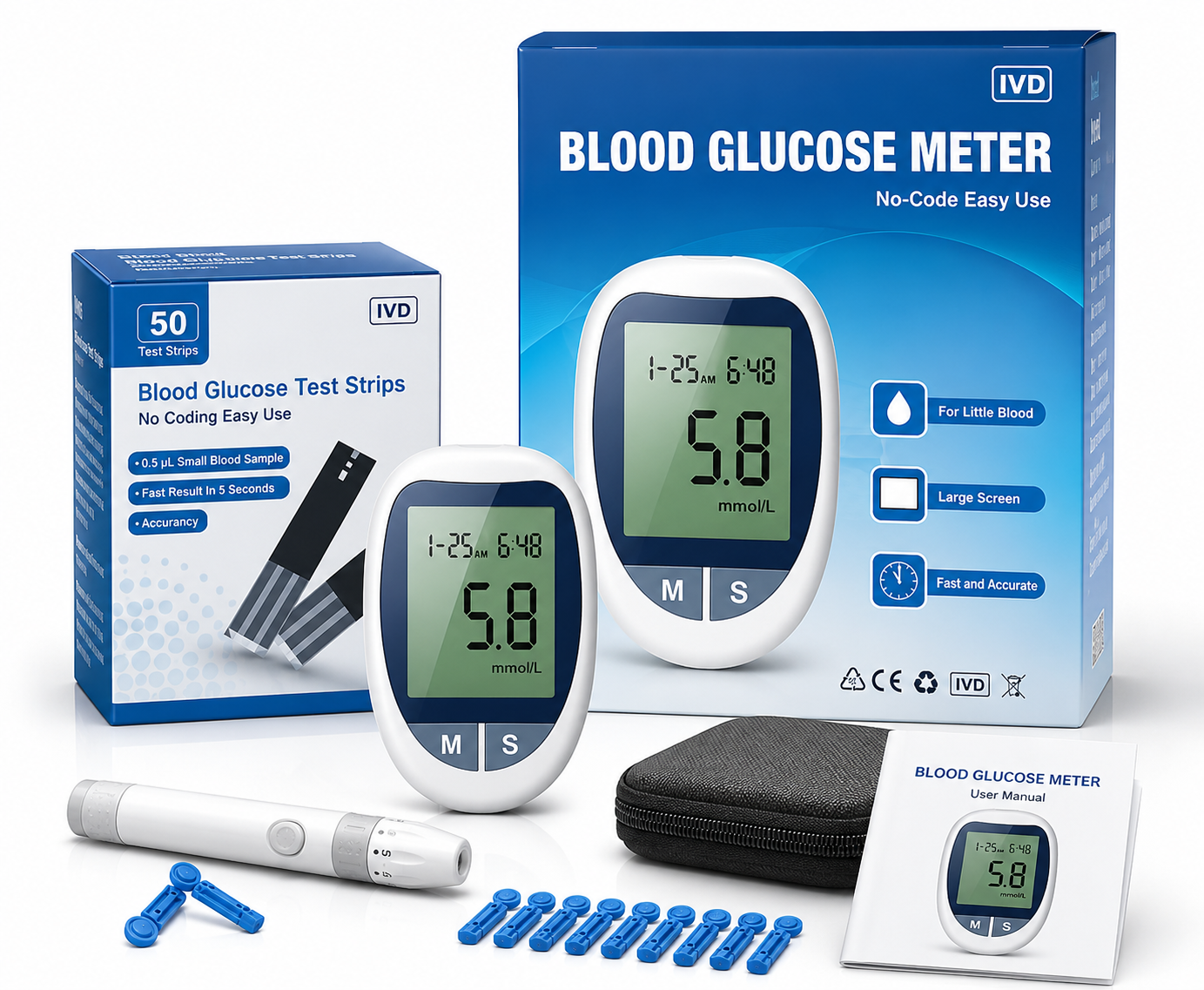 Glucometru Digital Complet – Include 50 Benzi de Testare și 50 Lancete