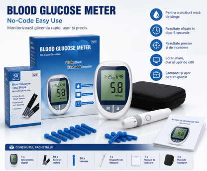 Glucometru Digital Complet – Include 50 Benzi de Testare și 50 Lancete