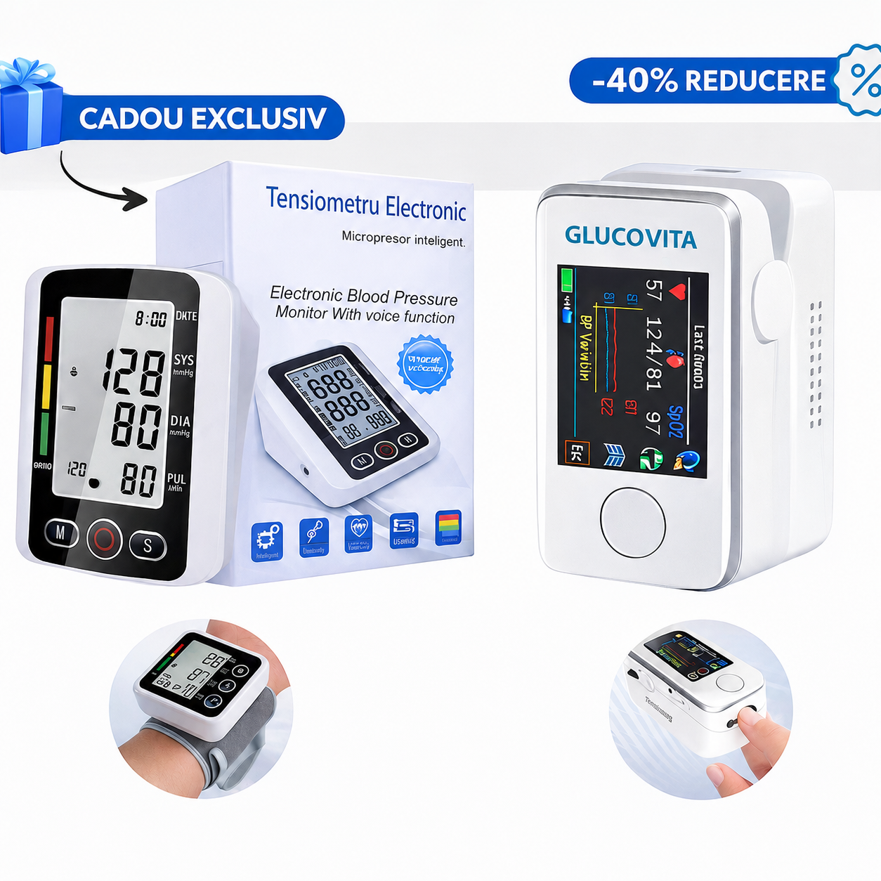 Glucometru neinvaziv GlucoVita + Tensiometru Digital (CADOU EXCLUSIV)